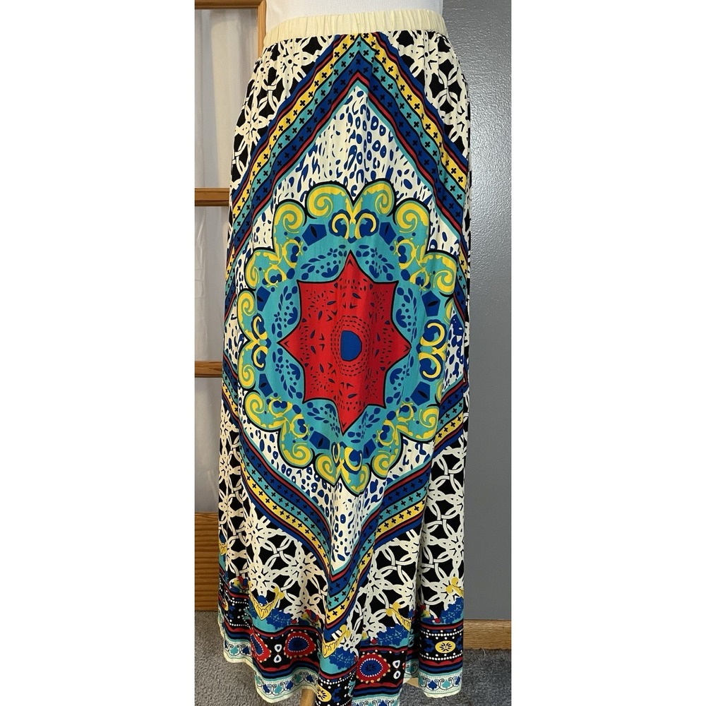 90s Art To Wear Maxi Skirt XL Red Blue Rayon Filigree Pull On Boho Beach Party